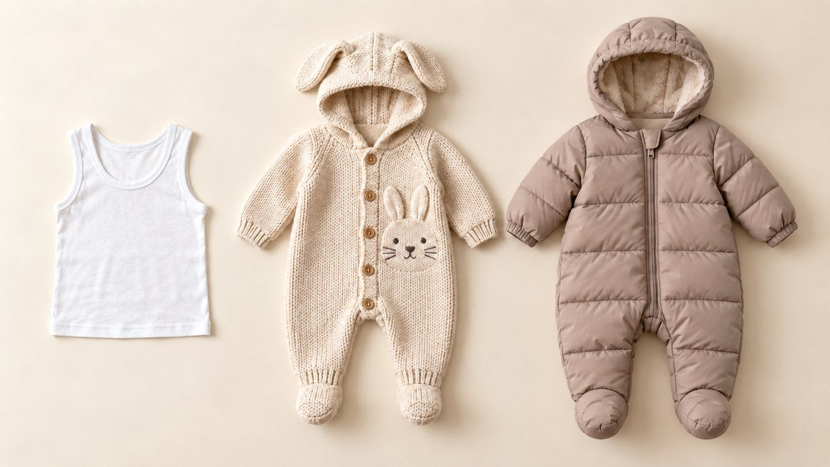 Baby winter layering - white cotton inner vest, knitted rabbit wool romper and padded winter suit