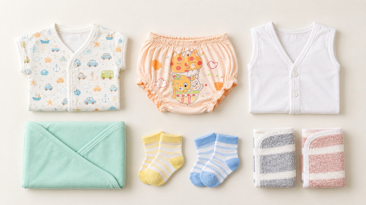 Newborn baby clothes checklist laid out flat - jhabla, nekkers, vests, wrapping sheet, socks and face towels