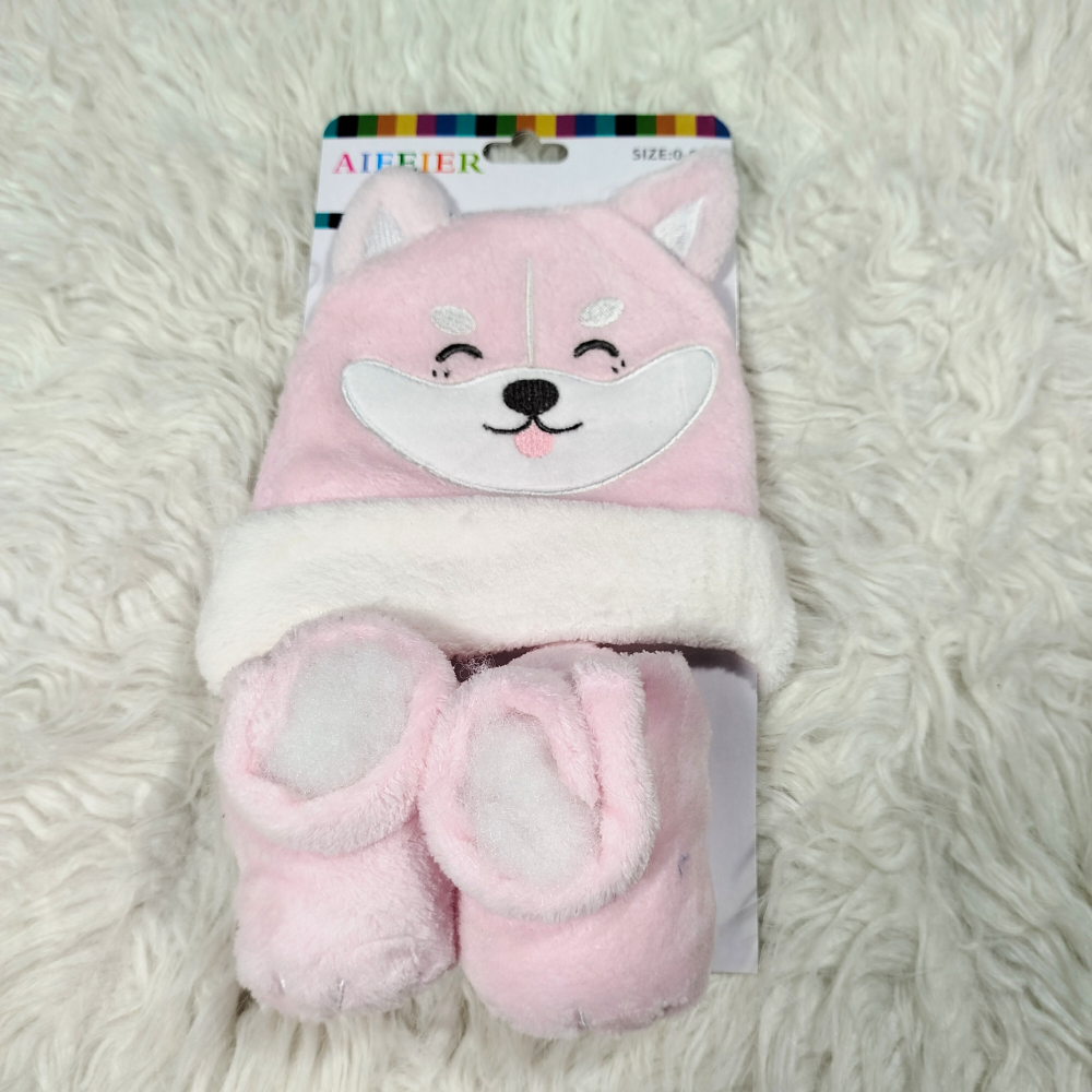 Winter Baby Cute Furry Character Cap Set with Shoes | Warm Soft Outfit (0–9 Months)