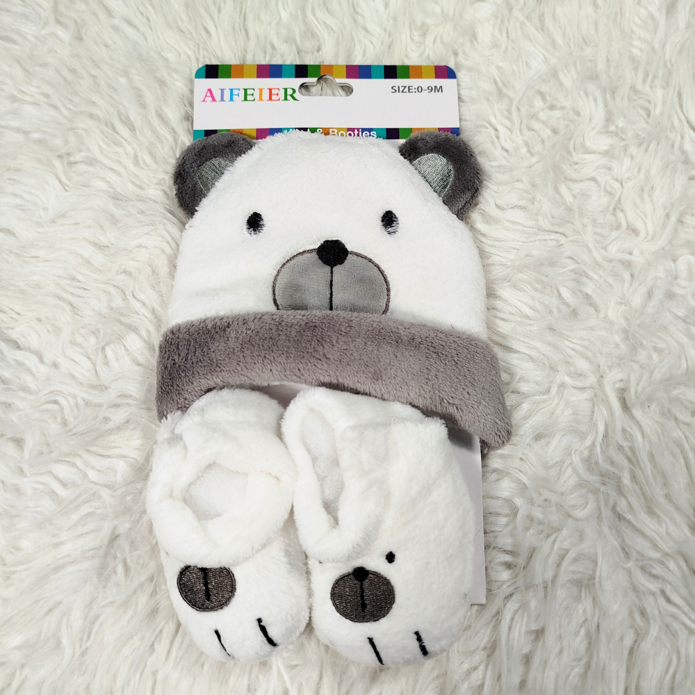 Winter Baby Cute Furry Character Cap Set with Shoes | Warm Soft Outfit (0–9 Months)