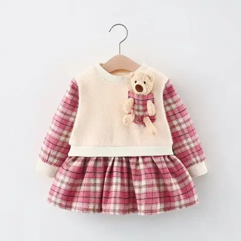 Imported 3D Bear in Pocket Baby Girl Long Sleeve Shirt Frock for 6 Months - 3 Years