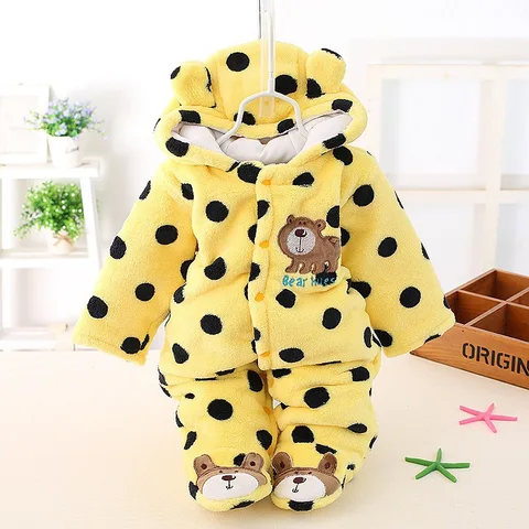 Imported Winter Warm Baby Cute Bear Hood Flannel Romper with Attached Bear Shoes Closed Feet for 0-12 Months