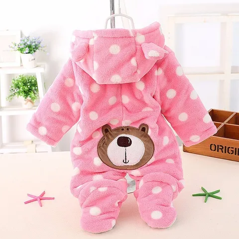 Imported Winter Warm Baby Cute Bear Hood Flannel Romper with Attached Bear Shoes Closed Feet for 0-12 Months