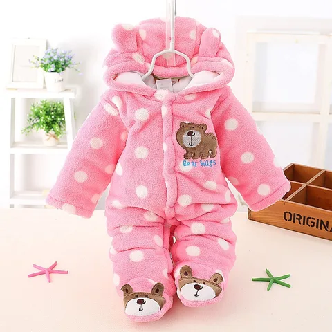 Imported Winter Warm Baby Cute Bear Hood Flannel Romper with Attached Bear Shoes Closed Feet for 0-12 Months