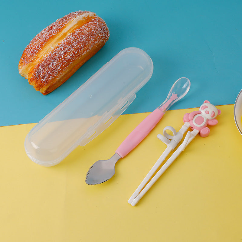 Imported Baby 2-in-1 Stainless Steel Infant Spoon Two-headed Dual-purpose Fruit Scraping Baby Silicone Feeding Soft Spoons with 3D Bear Chopsticks