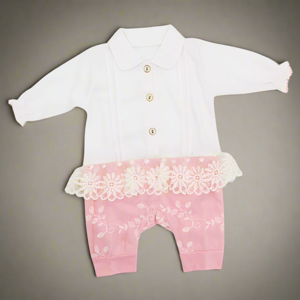 Baby Girl Fancy Embroidered Flowers Full Sleeves Romper for 0-12 Months