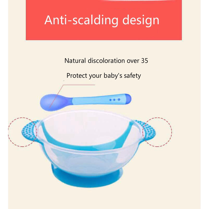 Imported 3Pcs Baby Tableware Dinnerware Suction Feeding Bowl Set with Temperature Sensing Spoon