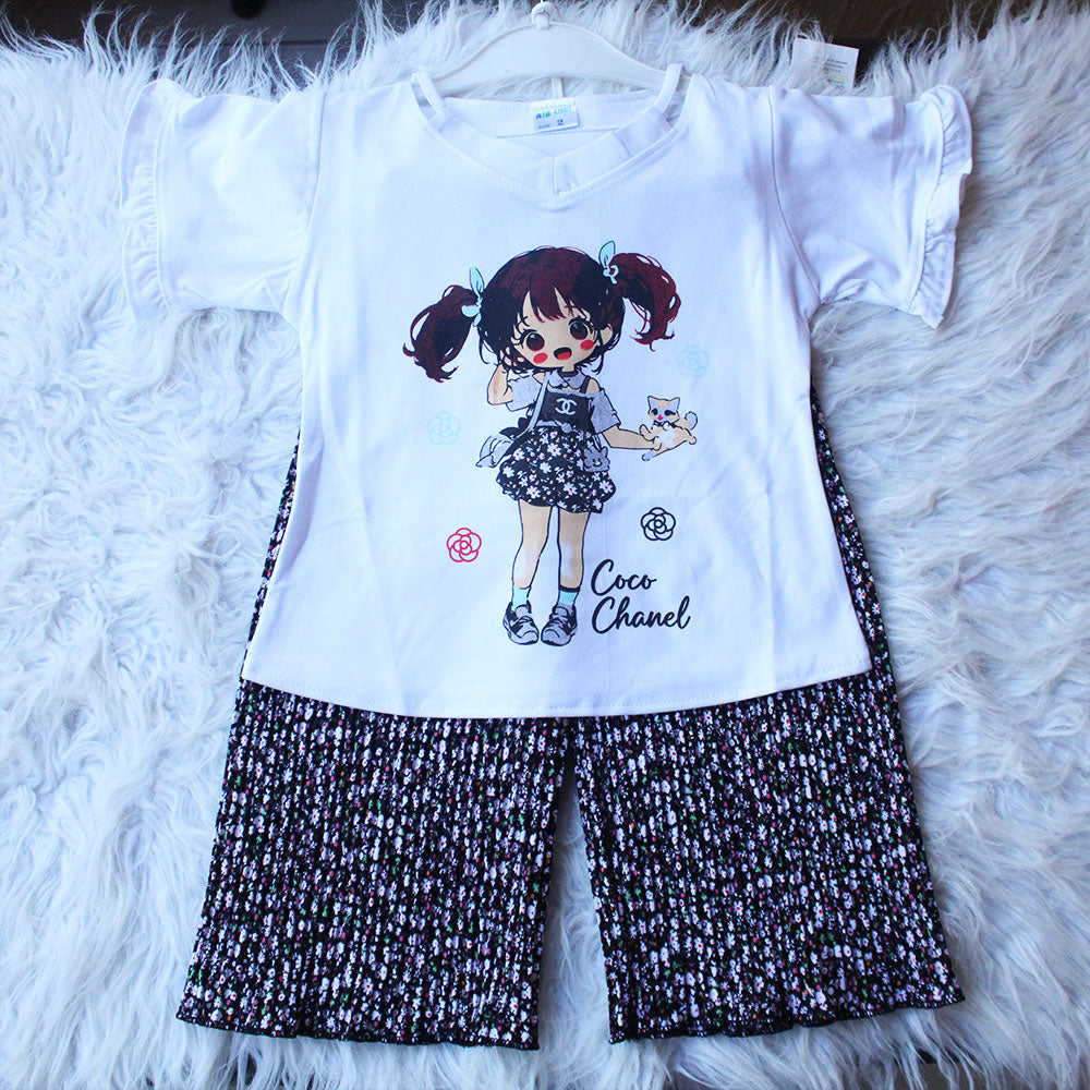 Imported Baby Girl Cute Doll Butterfly Sleeves Shirt with Crush Pleated Wide Leg Flappers for 12 Months - 4 years