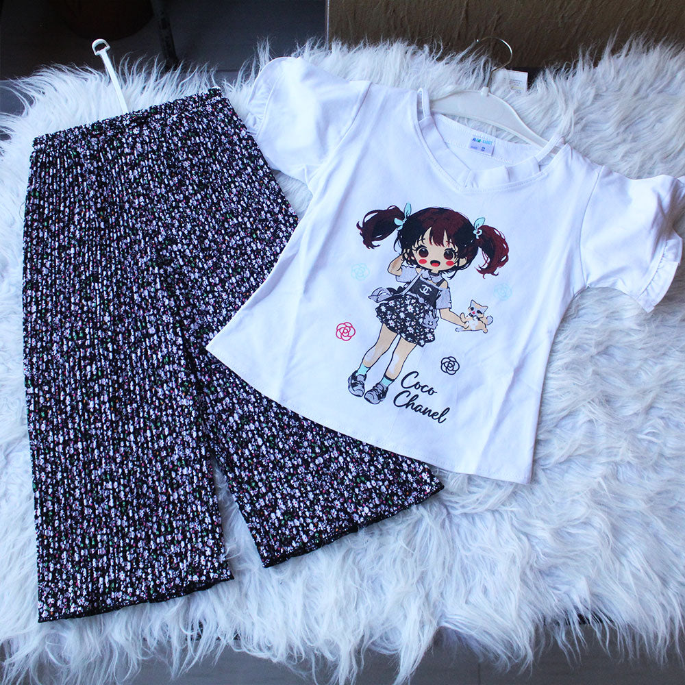 Imported Baby Girl Cute Doll Butterfly Sleeves Shirt with Crush Pleated Wide Leg Flappers for 12 Months - 4 years