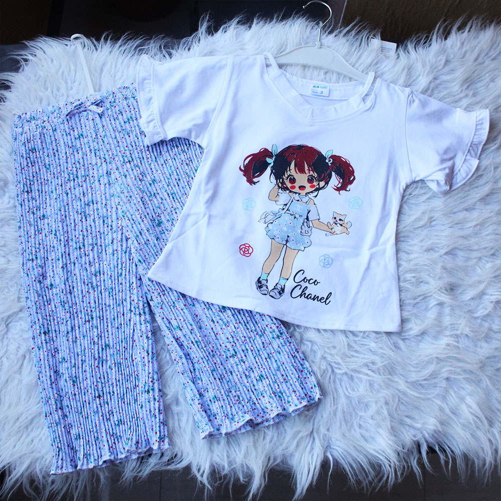 Imported Baby Girl Cute Doll Butterfly Sleeves Shirt with Crush Pleated Wide Leg Flappers for 12 Months - 4 years