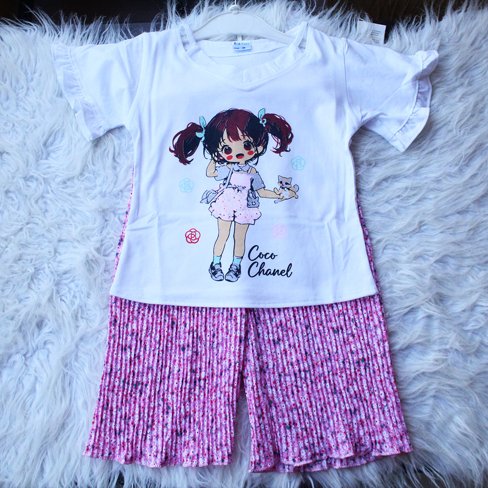 Imported Baby Girl Cute Doll Butterfly Sleeves Shirt with Crush Pleated Wide Leg Flappers for 12 Months - 4 years