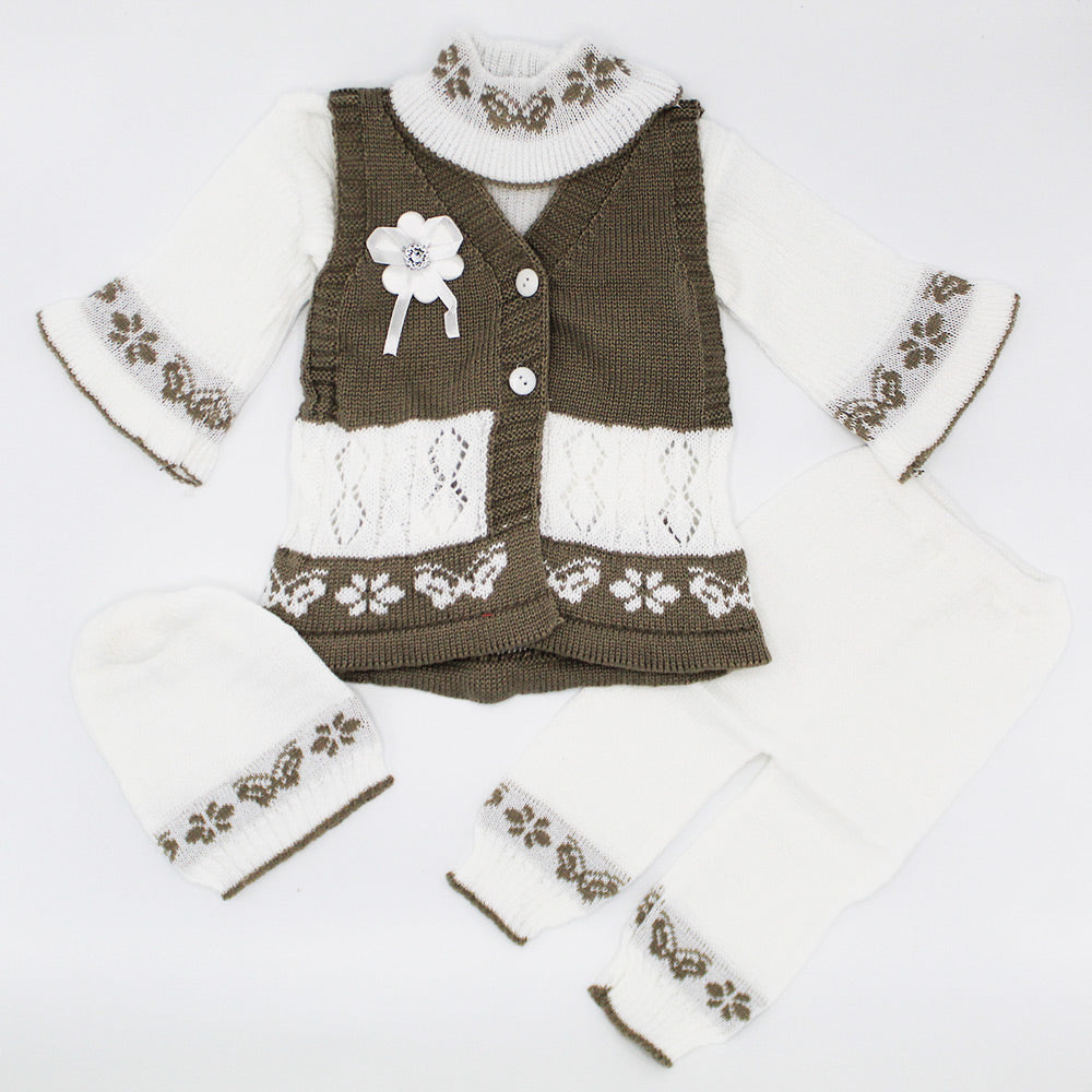 Baby Girl Winter Woolen Knitted Baby Dual Colored 4 Pcs Sweater Suit With Cap for 3-9 Months