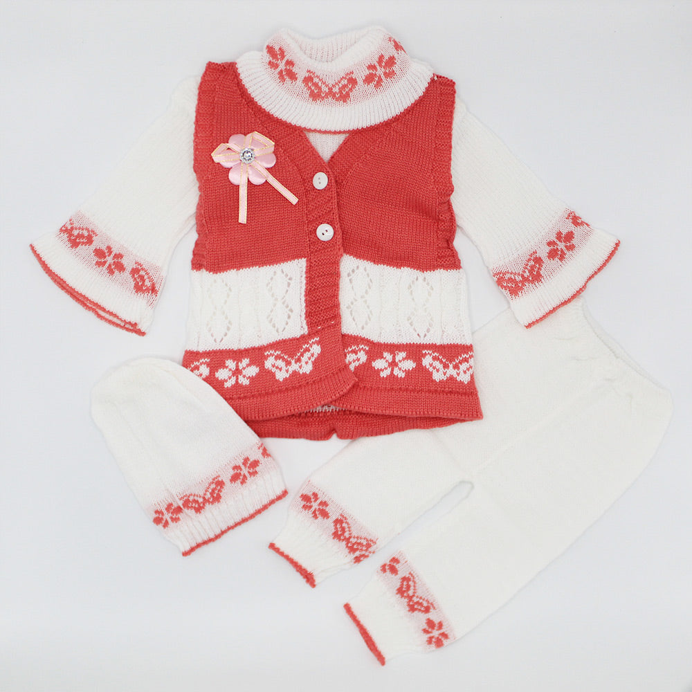 Baby Girl Winter Woolen Knitted Baby Dual Colored 4 Pcs Sweater Suit With Cap for 3-9 Months