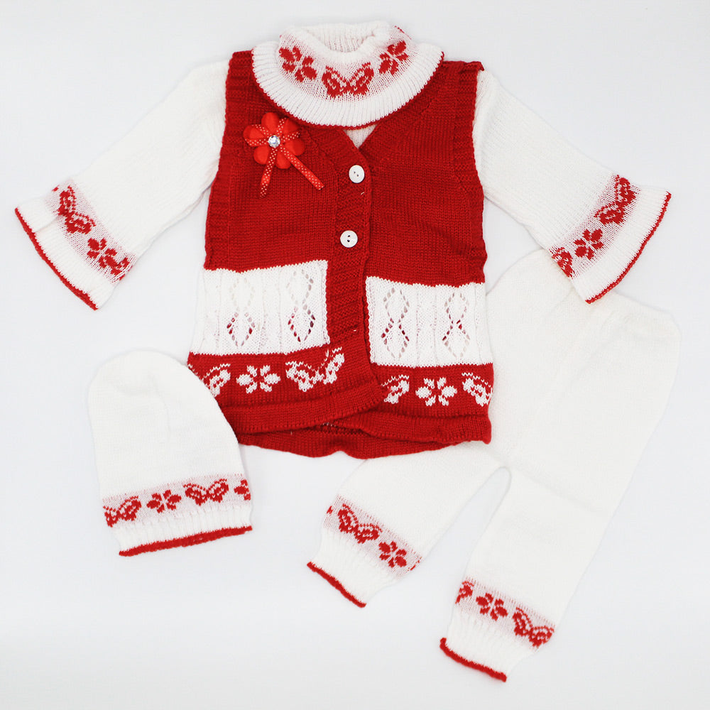 Baby Girl Winter Woolen Knitted Baby Dual Colored 4 Pcs Sweater Suit With Cap for 3-9 Months