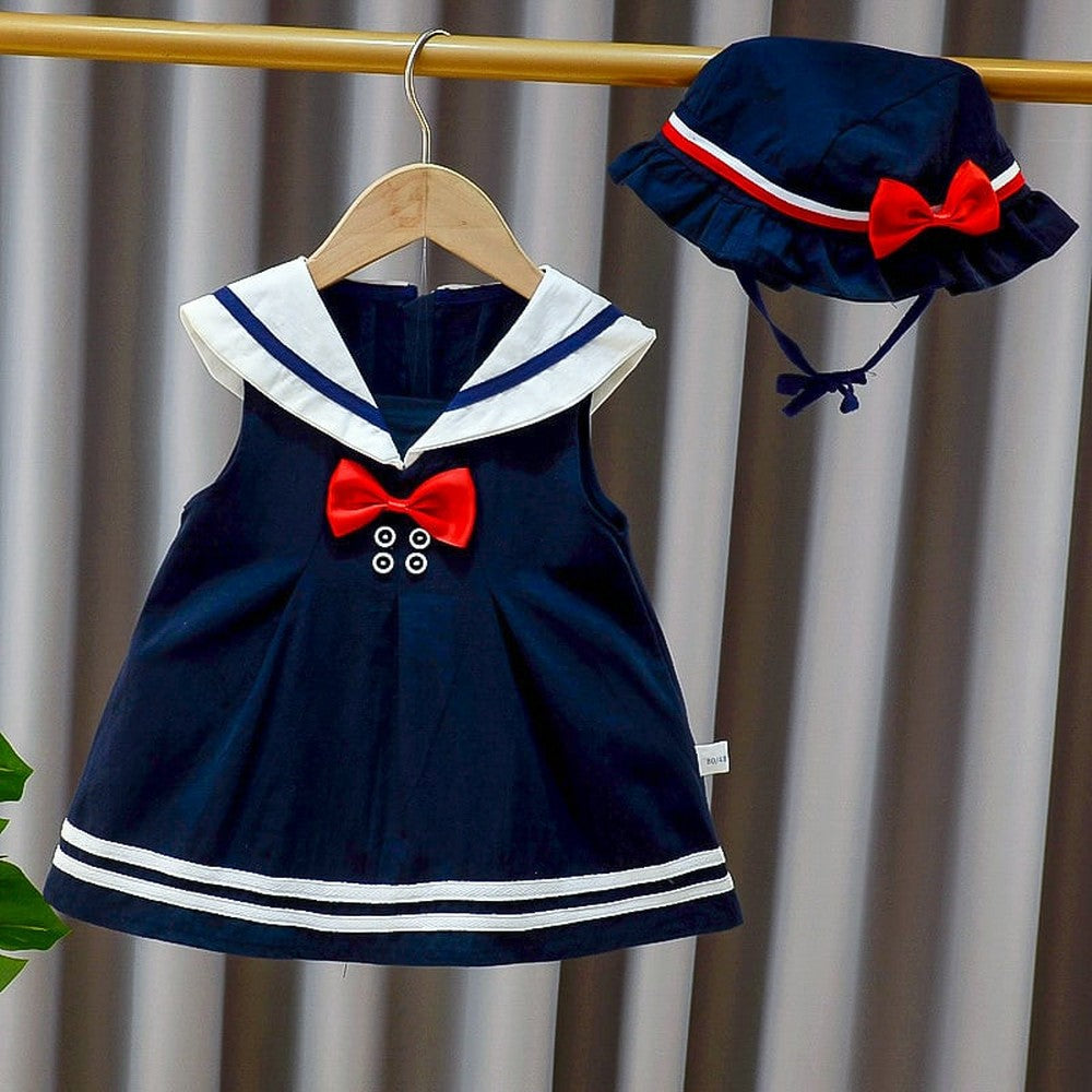 Imported Baby Girl Button Bow Tie Design Striped Hem College Style Frock & Hat For 12-18 Months