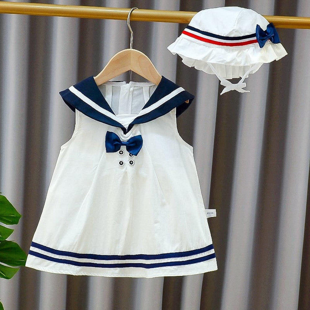 Imported Baby Girl Button Bow Tie Design Striped Hem College Style Frock & Hat For 12-18 Months