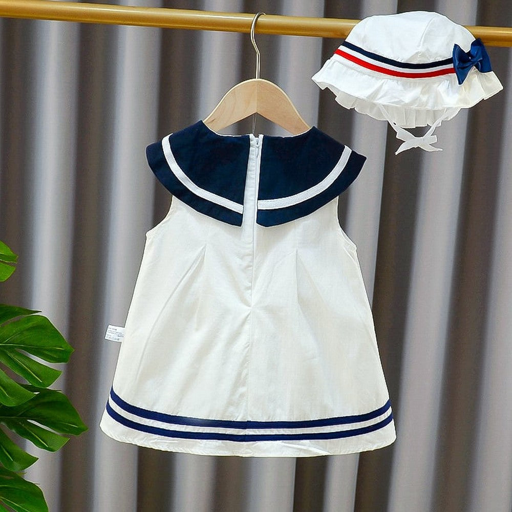 Imported Baby Girl Button Bow Tie Design Striped Hem College Style Frock & Hat For 12-18 Months