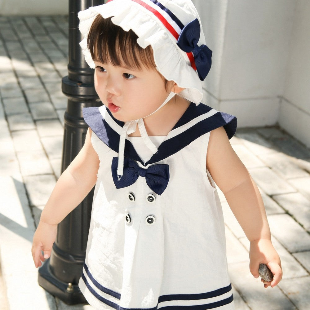 Imported Baby Girl Button Bow Tie Design Striped Hem College Style Frock & Hat For 12-18 Months