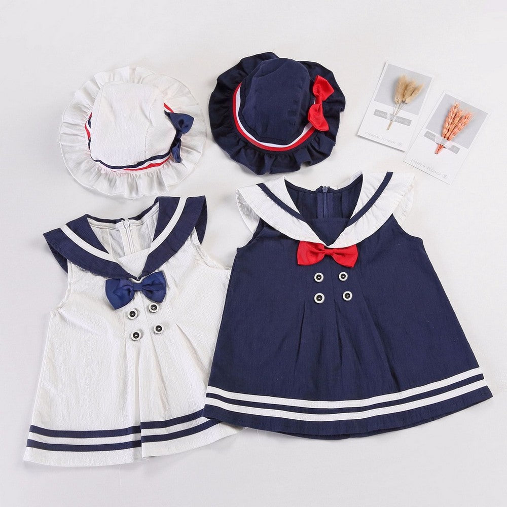 Imported Baby Girl Button Bow Tie Design Striped Hem College Style Frock & Hat For 12-18 Months