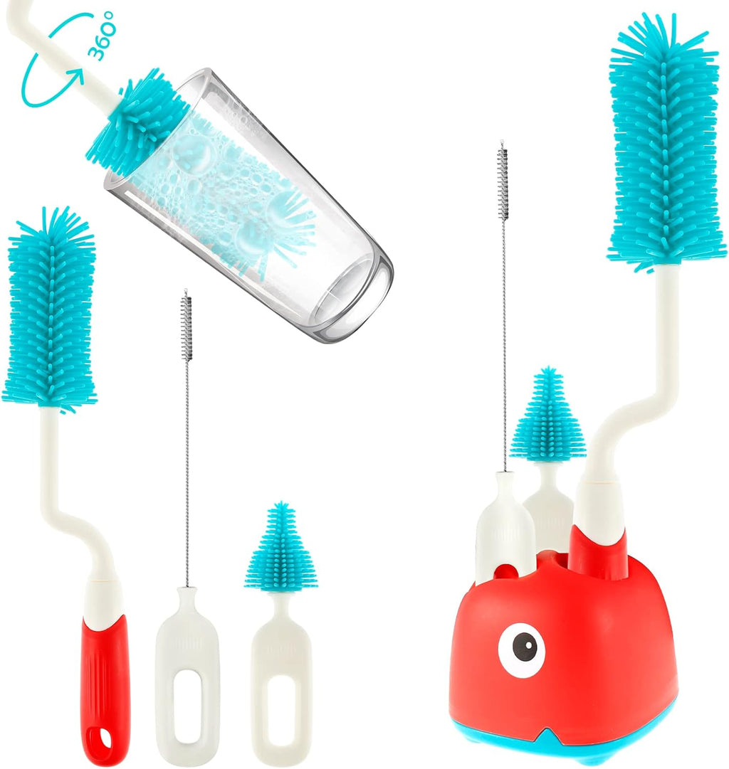 Imported Silicone Rotating Feeder Brush Set with Stand | Bottle, Pacifier & Straw Cleaner