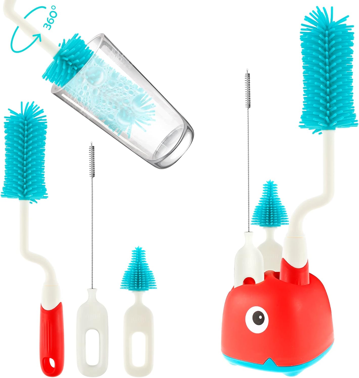 Imported Silicone Rotating Feeder Brush Set with Stand | Bottle, Pacifier & Straw Cleaner