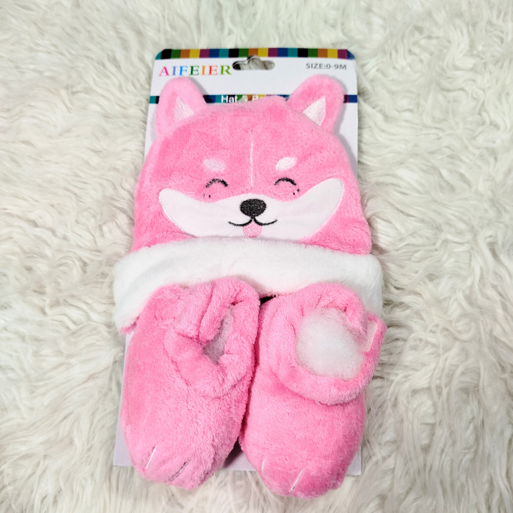 Winter Baby Cute Furry Character Cap Set with Shoes | Warm Soft Outfit (0–9 Months)