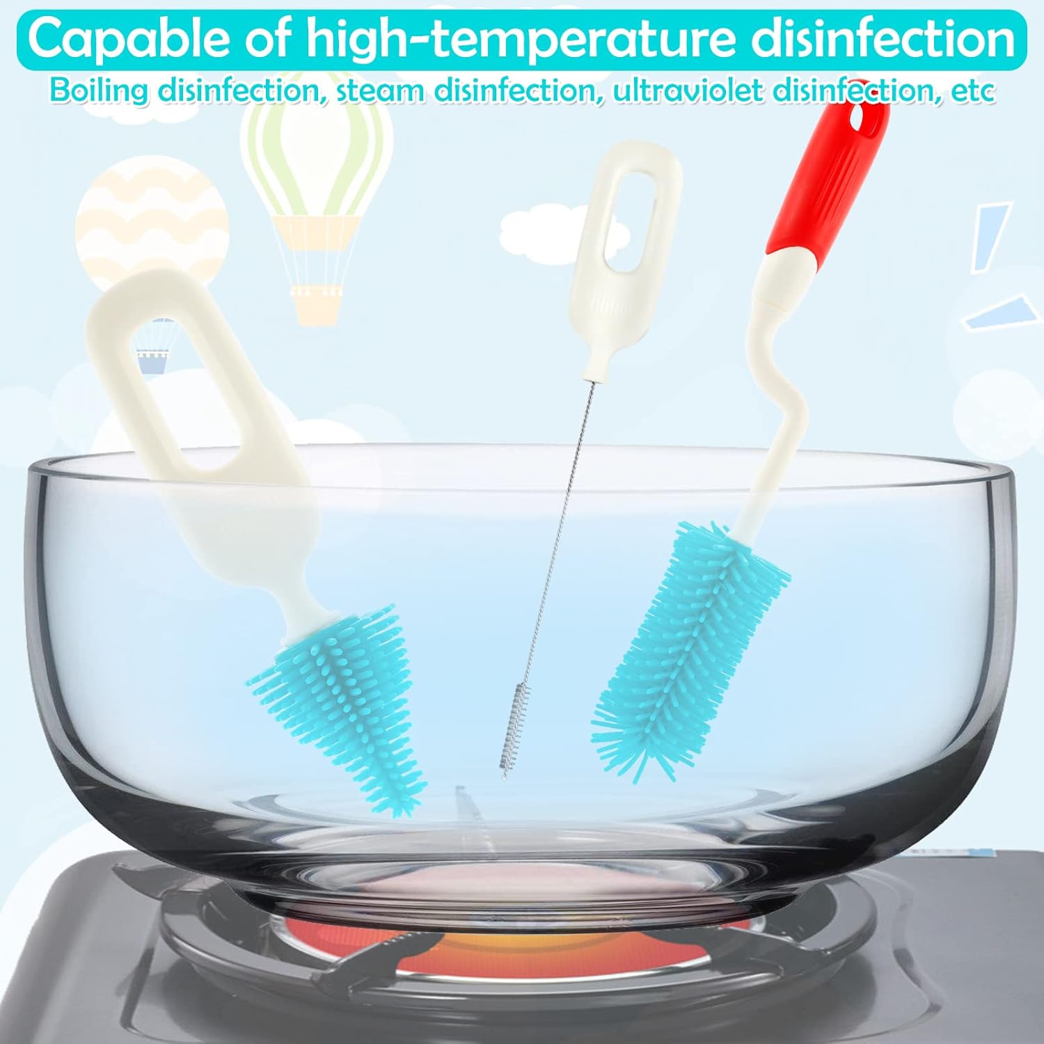 Imported Silicone Rotating Feeder Brush Set with Stand | Bottle, Pacifier & Straw Cleaner