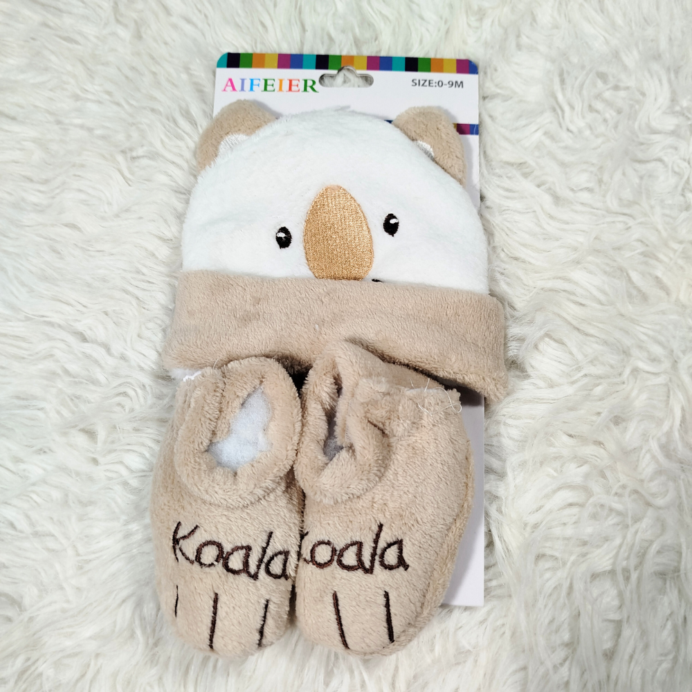 Winter Baby Cute Furry Character Cap Set with Shoes | Warm Soft Outfit (0–9 Months)
