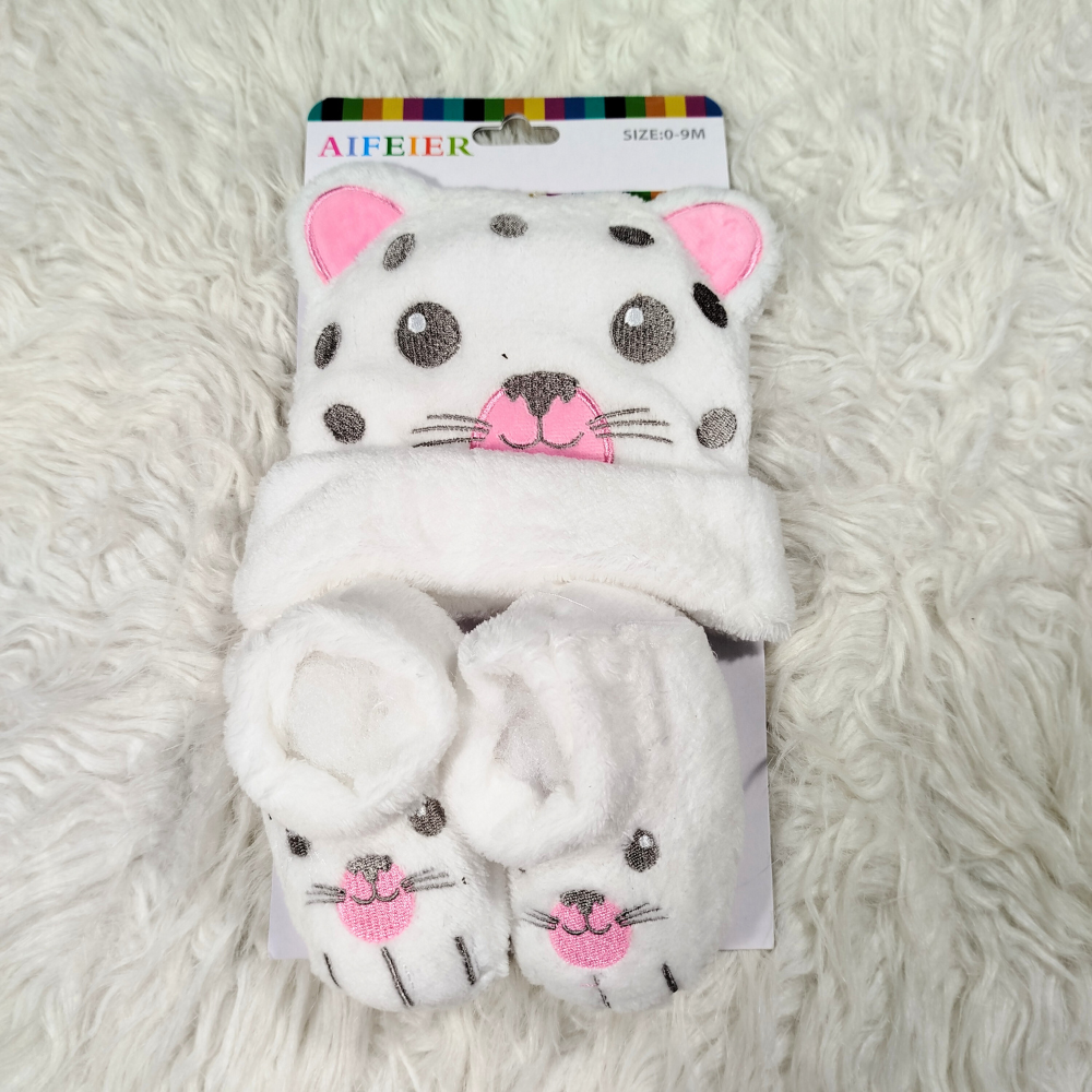 Winter Baby Cute Furry Character Cap Set with Shoes | Warm Soft Outfit (0–9 Months)