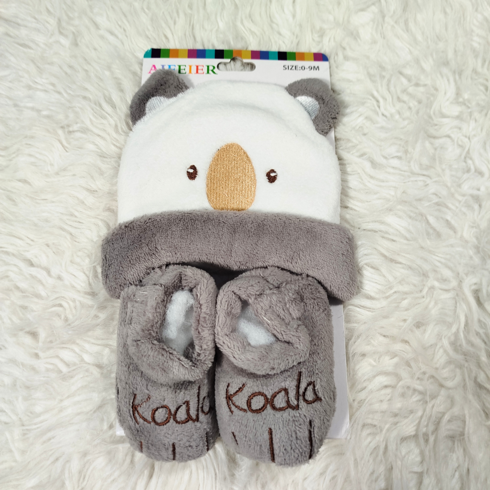 Winter Baby Cute Furry Character Cap Set with Shoes | Warm Soft Outfit (0–9 Months)