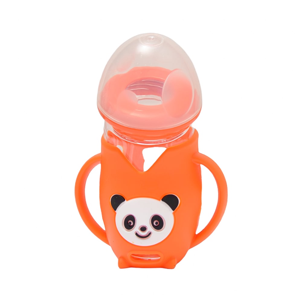 Imported Baby Unbreakable Glass Feeder Breast Feeling Nipple Bottle with Cover Infant Nursing Panda Shape Anti-scald Training Bottle 8oz 240ml