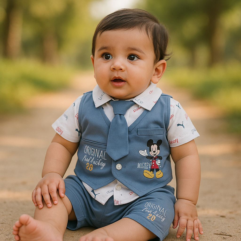 Imported Baby Mickey Mouse Cute Bow and Tie Three Piece Style Dress with Shorts for 0 - 9 Months