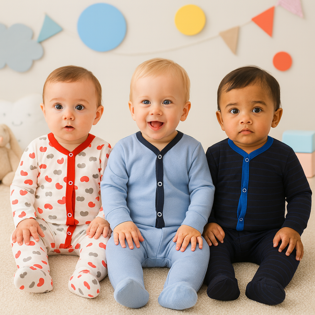 Imported Pack of 3 Rompers Full Sleeves Cotton Stuff Jumpsuit Sleepsuit for 0-12 Months