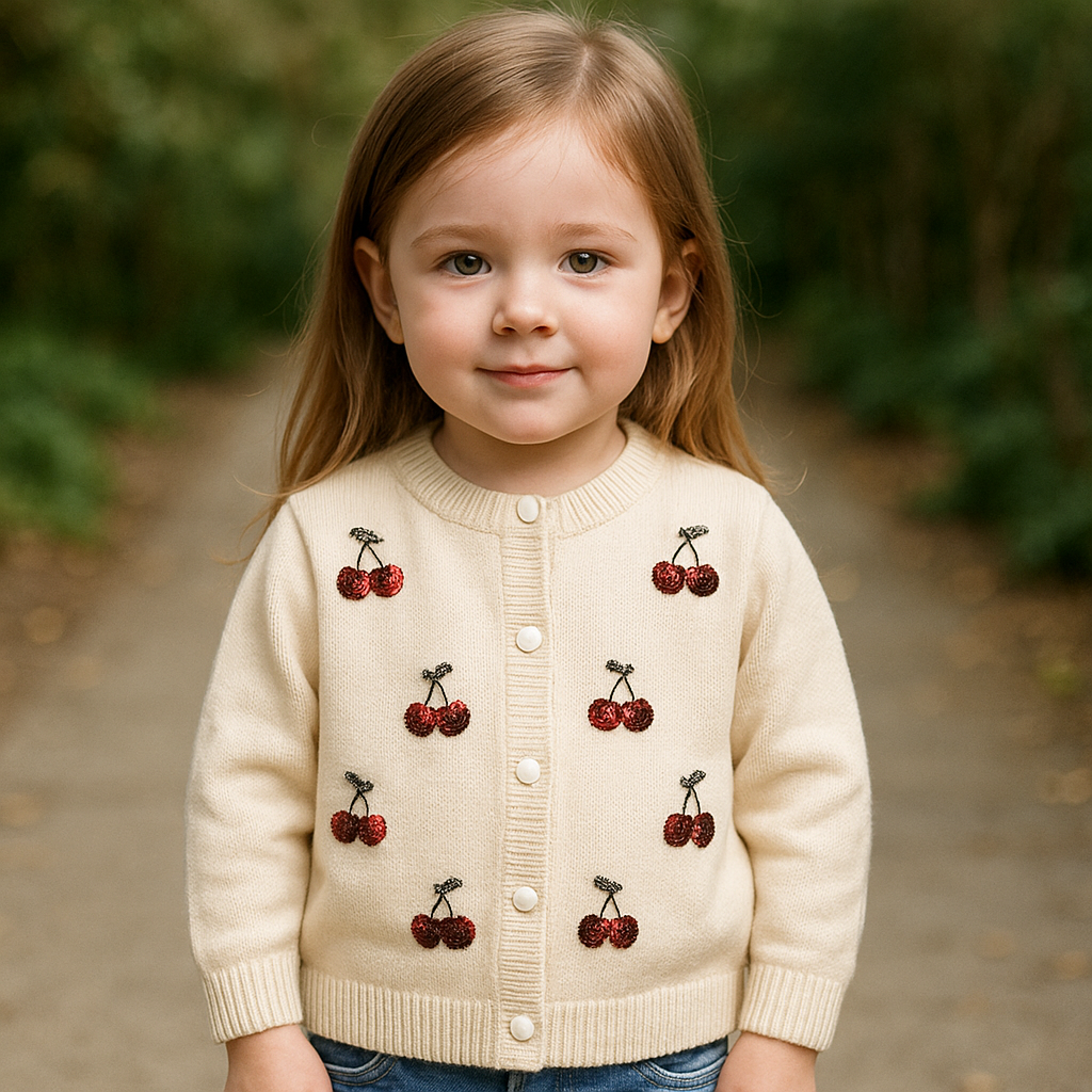 Imported Baby Girls Winter Cute 3D Cherry Rabbit Wool Warm Front Open Sweater Long Sleeve for 2 - 7 Years