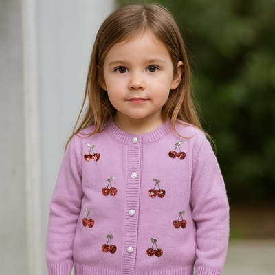 Imported Baby Girls Winter Cute 3D Cherry Rabbit Wool Warm Front Open Sweater Long Sleeve for 2 - 7 Years