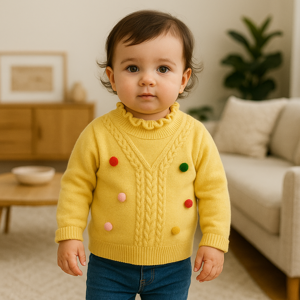 Imported Baby Girls Winter Cute 3D Knitted Ball Sweater Long Sleeve for 6-24 Months