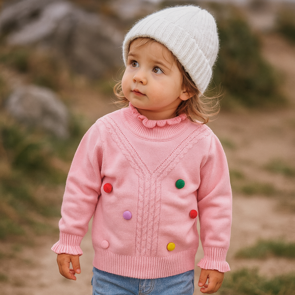 Imported Baby Girls Winter Cute 3D Knitted Ball Sweater Long Sleeve for 6-24 Months