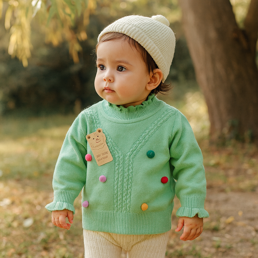 Imported Baby Girls Winter Cute 3D Knitted Ball Sweater Long Sleeve for 6-24 Months