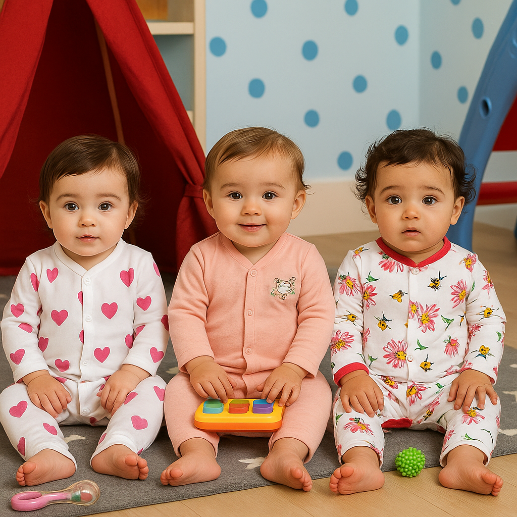 Imported Pack of 3 Rompers Full Sleeves Cotton Stuff Jumpsuit Sleepsuit for 0-12 Months