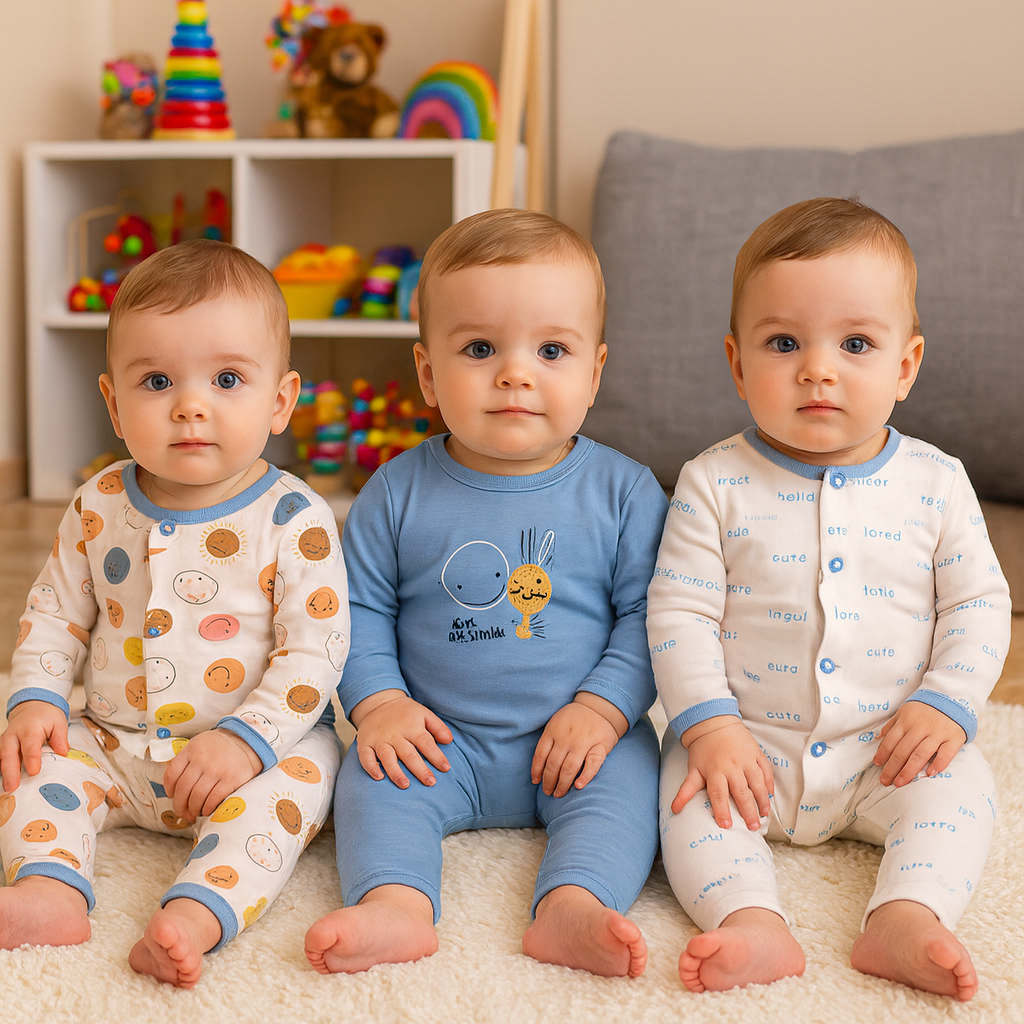 Imported Pack of 3 Rompers Full Sleeves Cotton Stuff Jumpsuit Sleepsuit for 0-12 Months