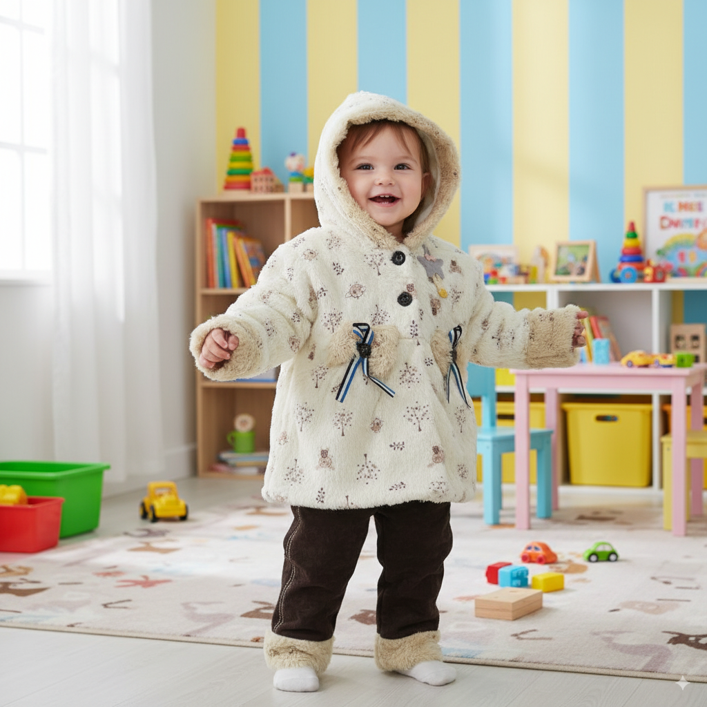 Winter Warm Fancy Fur Hoodie Jacket and Trouser Pants for 6 months - 3 years