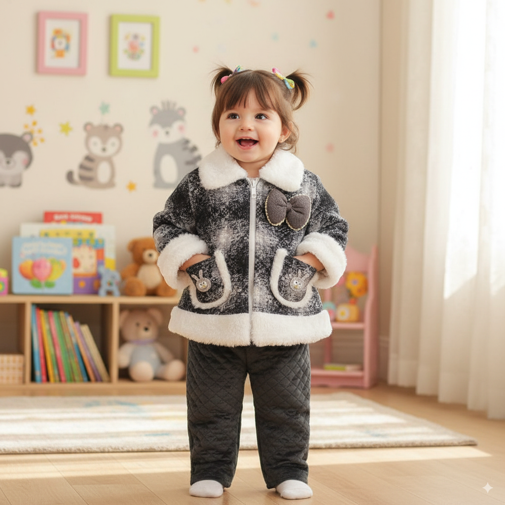 Baby Girls Winter 3D Bunny Fur Frock Zipper Dress for 6 Months - 3 Years