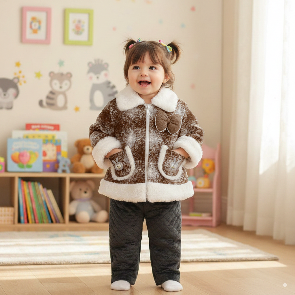 Baby Girls Winter 3D Bunny Fur Frock Zipper Dress for 6 Months - 3 Years