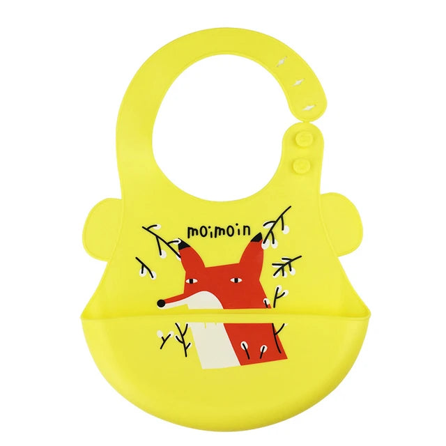 Baby Silicon Waterproof Bib Cartoon Design Teething Bibs With Food Catcher Bowl