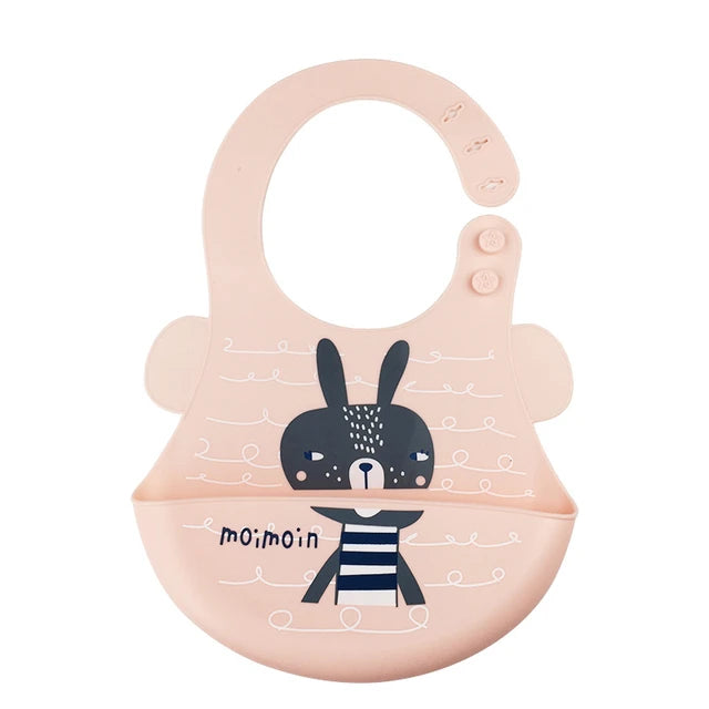 Baby Silicon Waterproof Bib Cartoon Design Teething Bibs With Food Catcher Bowl