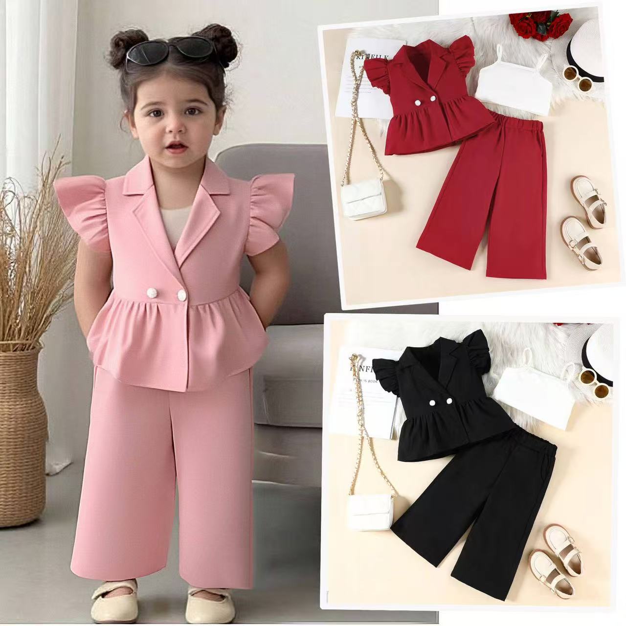 Imported Girls Trendy 3-Piece Outfit Set – Lapel Flying Sleeve Blazer, Inner Crop Top & Straight Pants (12 Months–5 Years)