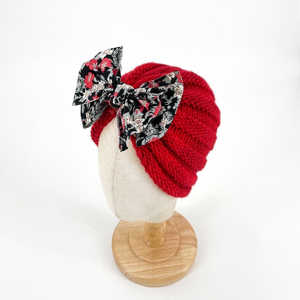 Imported 1 Pc Baby Kids Warm Winter Baby Turban Cap Knitted Hat Mix Colored Bow 3D Children Woolen Hat for 0-3 Years