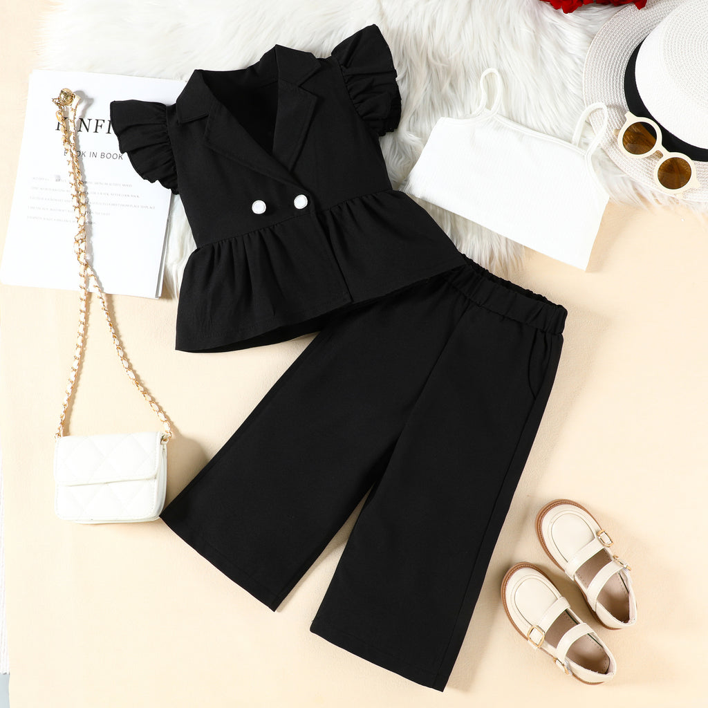 Imported Girls Trendy 3-Piece Outfit Set – Lapel Flying Sleeve Blazer, Inner Crop Top & Straight Pants (12 Months–5 Years)