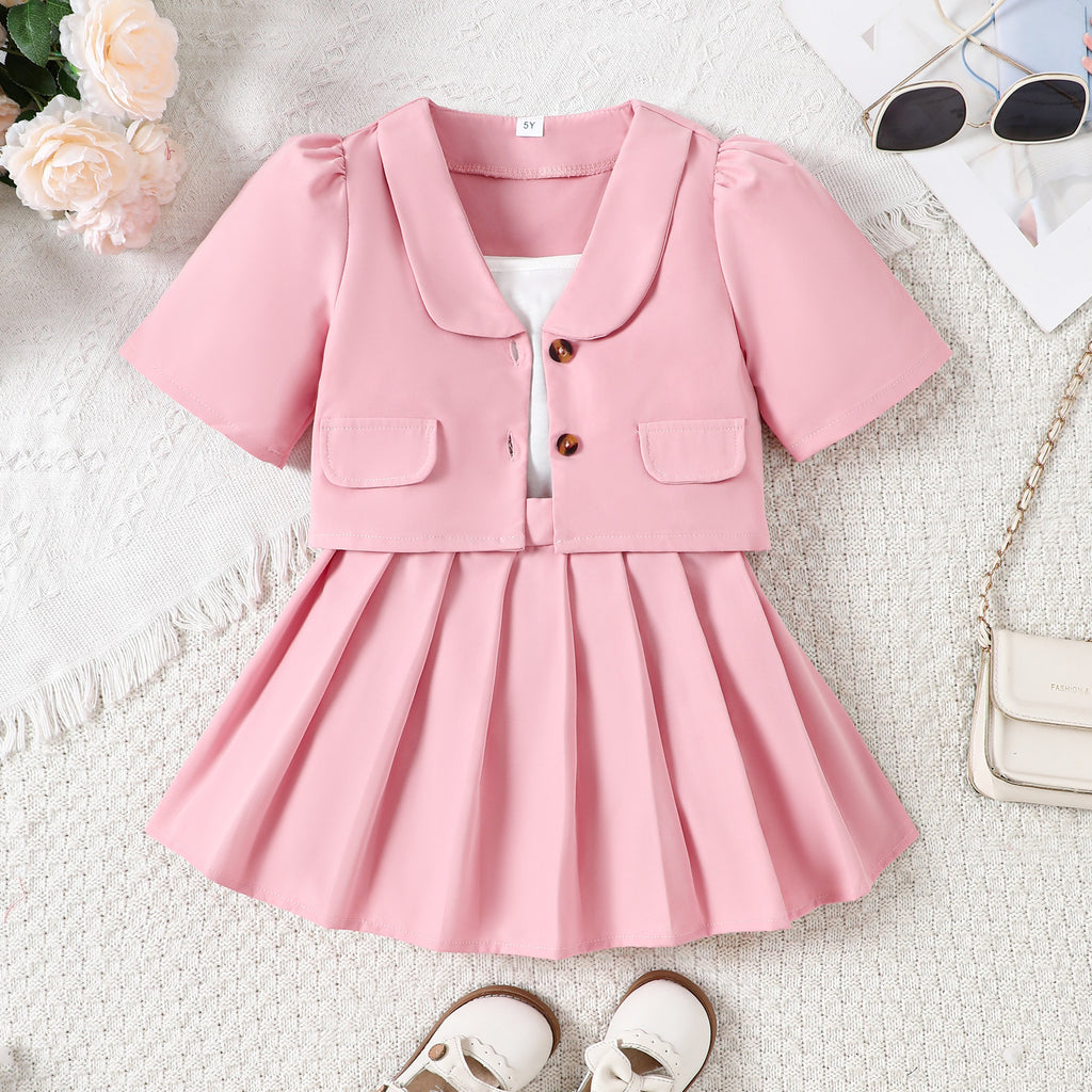 Imported Girls 3-Piece Dress Set | Crop Top, Pleated Skirt & Lapel Blazer (3–5 Years)