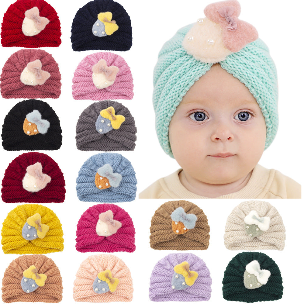 Imported 1 Pc Baby Kids Warm Winter Baby Turban Cap Knitted Hat Bow 3D Strawberry Children Woolen Hat for 0-3 Years